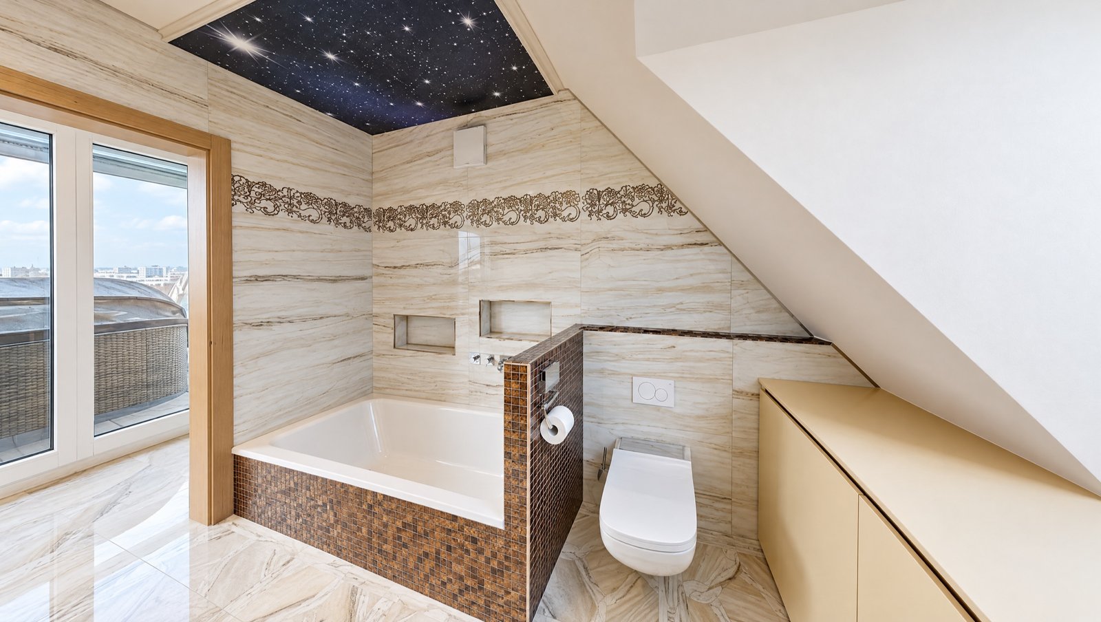 Badezimmer mit Badewanne und Sternenhimmel – Penthouse 1220 Wien Badezimmer mit Badewanne und Sternenhimmel – Penthouse 1220 Wien
