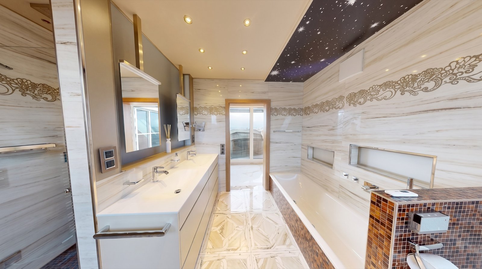 Designerbad mit Doppelwaschtisch, Badewanne und Sternenhimmel-Decke – Penthouse Wien Designerbad mit Doppelwaschtisch, Badewanne und Sternenhimmel-Decke – Penthouse Wien
