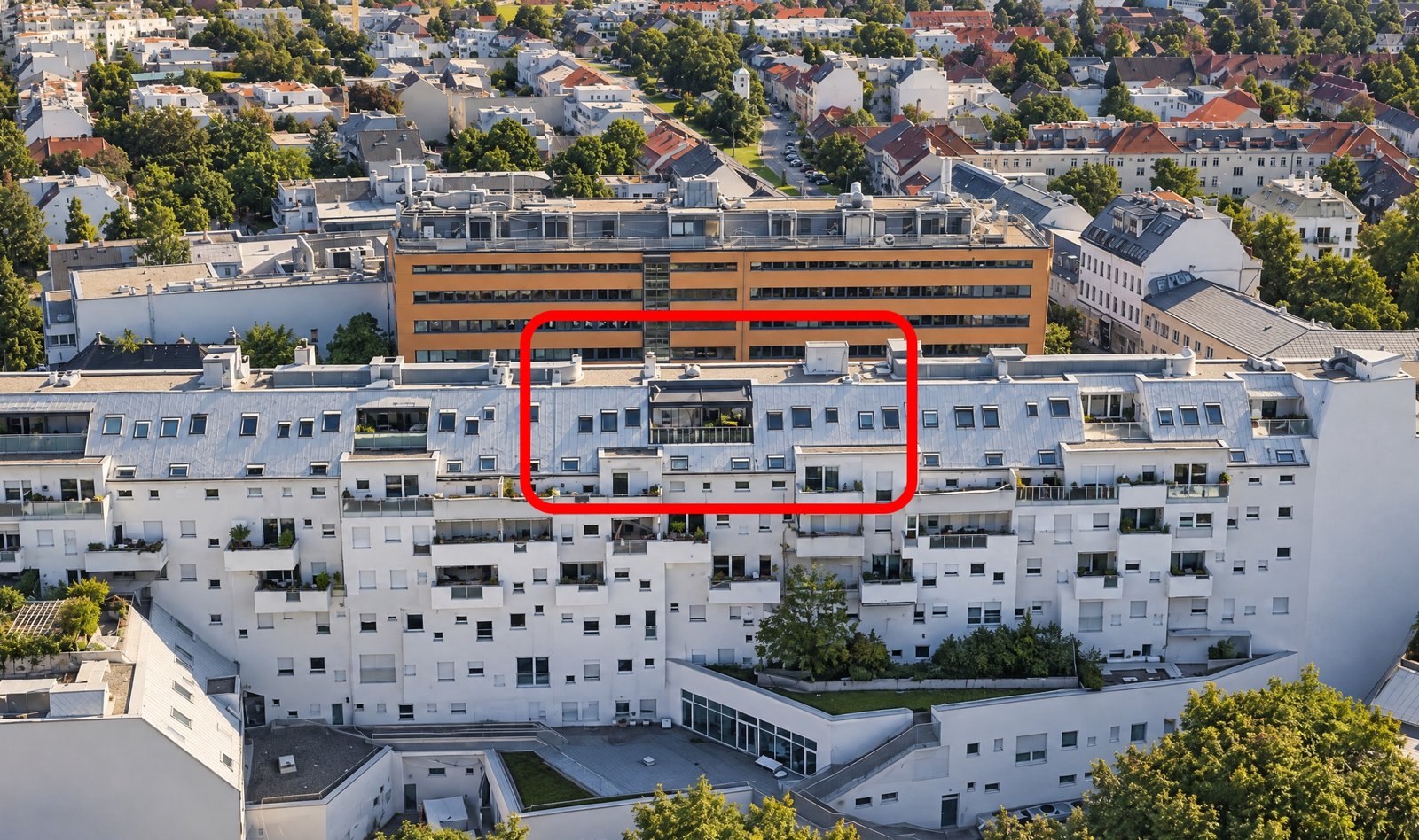 Luftaufnahme mit Lage des Penthouse in der Doningasse 12, 1220 Wien Luftaufnahme mit Lage des Penthouse in der Doningasse 12, 1220 Wien