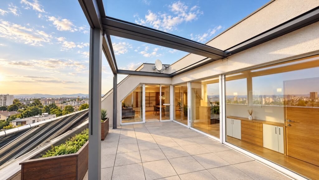 Dachterrasse mit Holzdeck und Markise – Penthouse Wien Donaustadt
