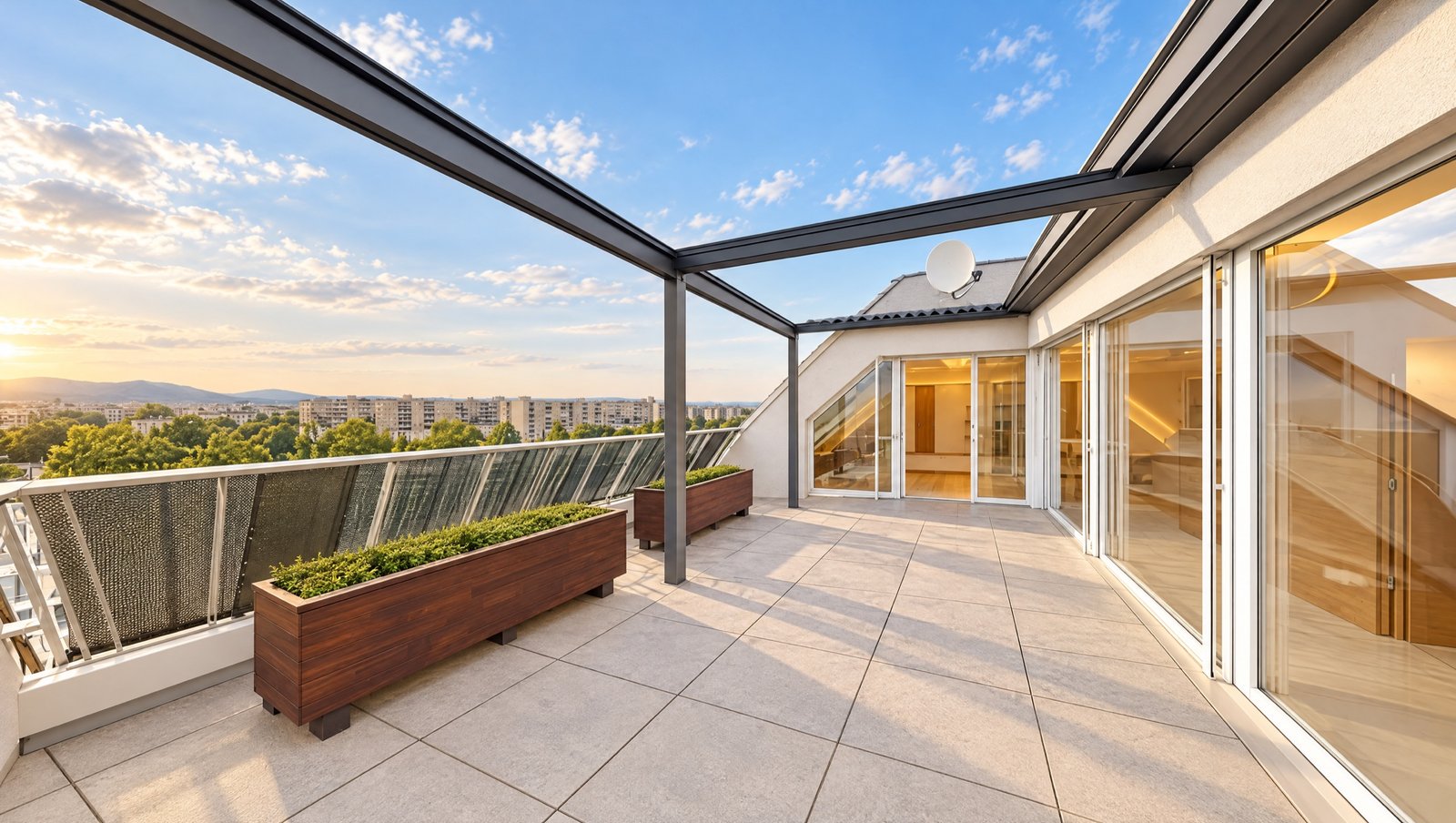 Überdachte Dachterrasse mit Blick über Wien – Penthouse Doningasse 1220 Wien Überdachte Dachterrasse mit Blick über Wien – Penthouse Doningasse 1220 Wien