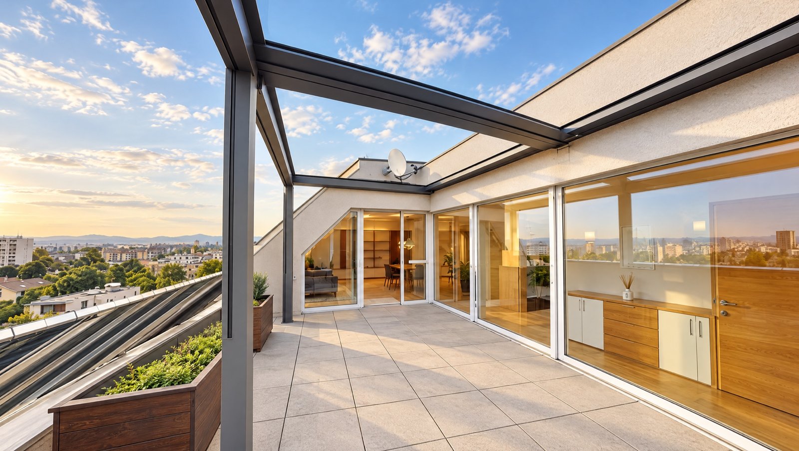 Dachterrasse mit Holzdeck und Markise – Penthouse Wien Donaustadt Dachterrasse mit Holzdeck und Markise – Penthouse Wien Donaustadt
